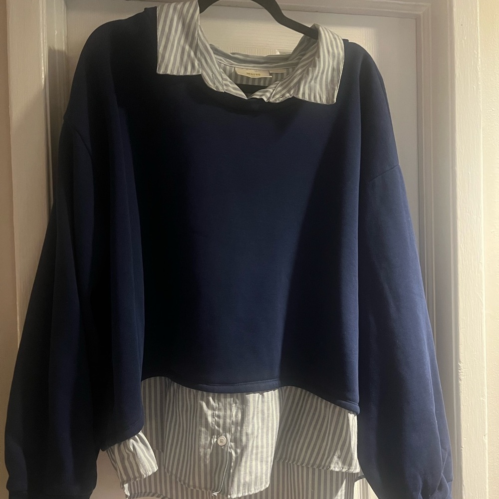 Navy Blue Layered Sweatshirt with Striped Hem